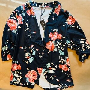 Orange and Pink Floral Ruffled Blouse with Notched Collar